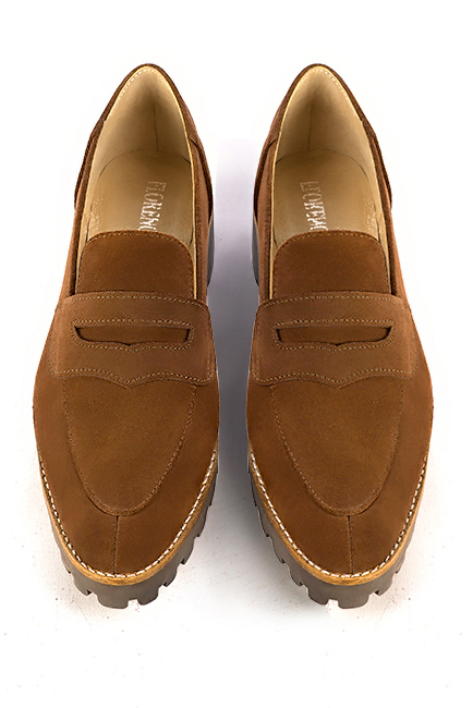 Caramel brown women's casual loafers. Round toe. Low rubber soles. Top view - Florence KOOIJMAN
